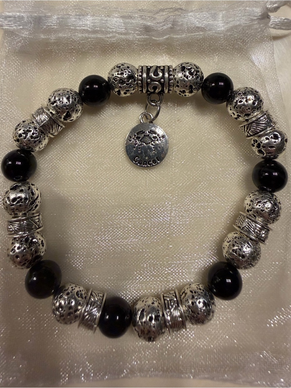Zodiac-Cancer Silver & Black Charm Beaded Bracelet
